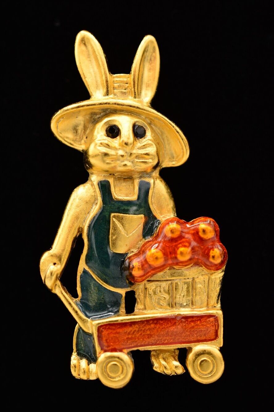 Vintage Bunny Rabbit Brooch Whimsical Enamel Gold Tone Easter Spring Jewelry A21